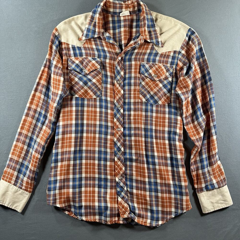 Vintage Foxy Brand Western Brown Plaid Pearl Snap With Beige Yoke And Cuffs XL